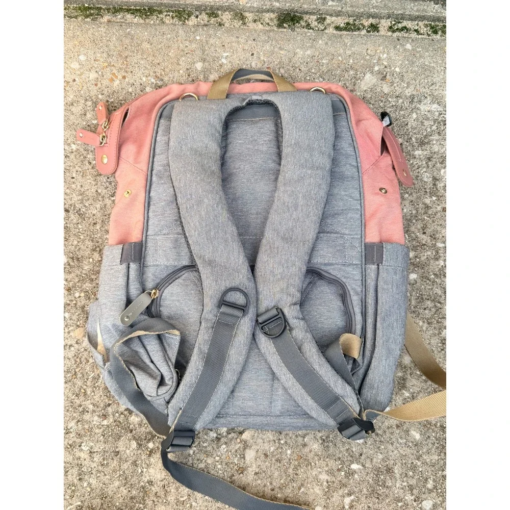 PandaEar Diaper Bag Backpack Pink‎ Gray Canvas Multi Pocket Travel Kids Baby Bag